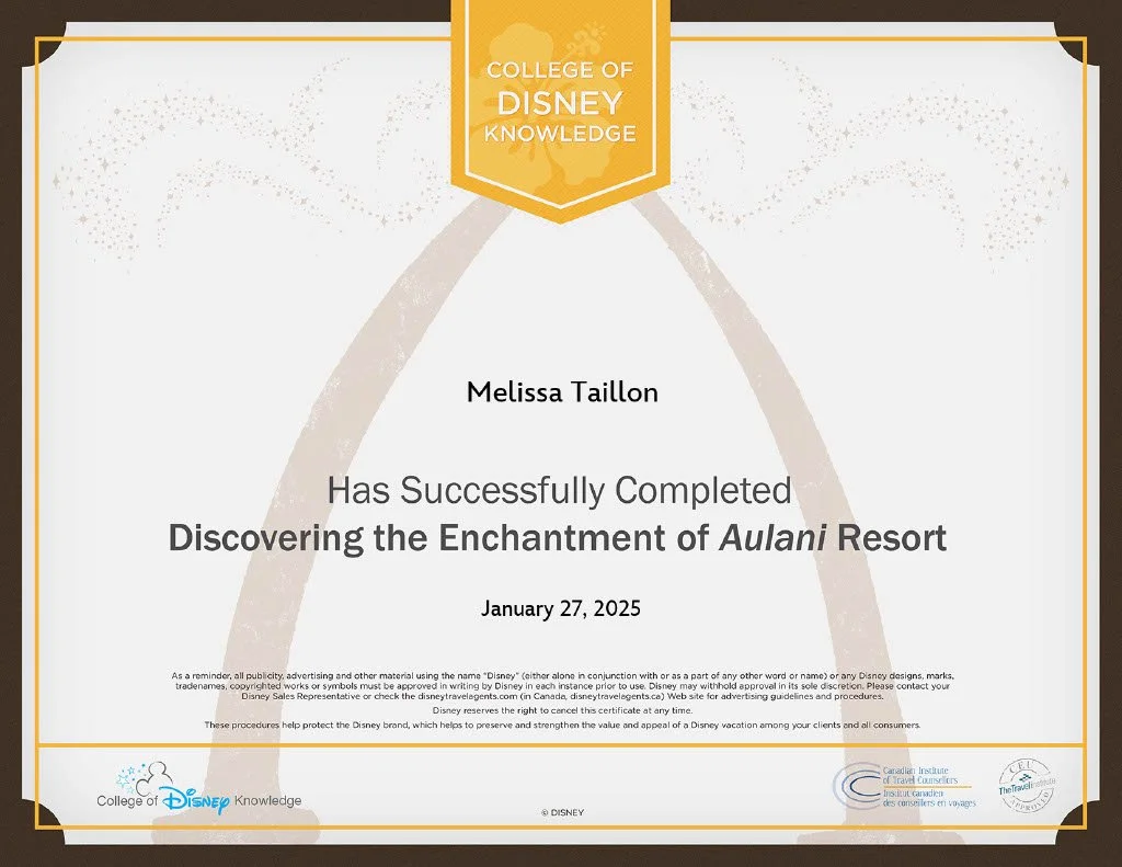 Certificate from the College of Disney Knowledge for Discovering the Enchantment of Aulani Resort, dated January 27, 2025.