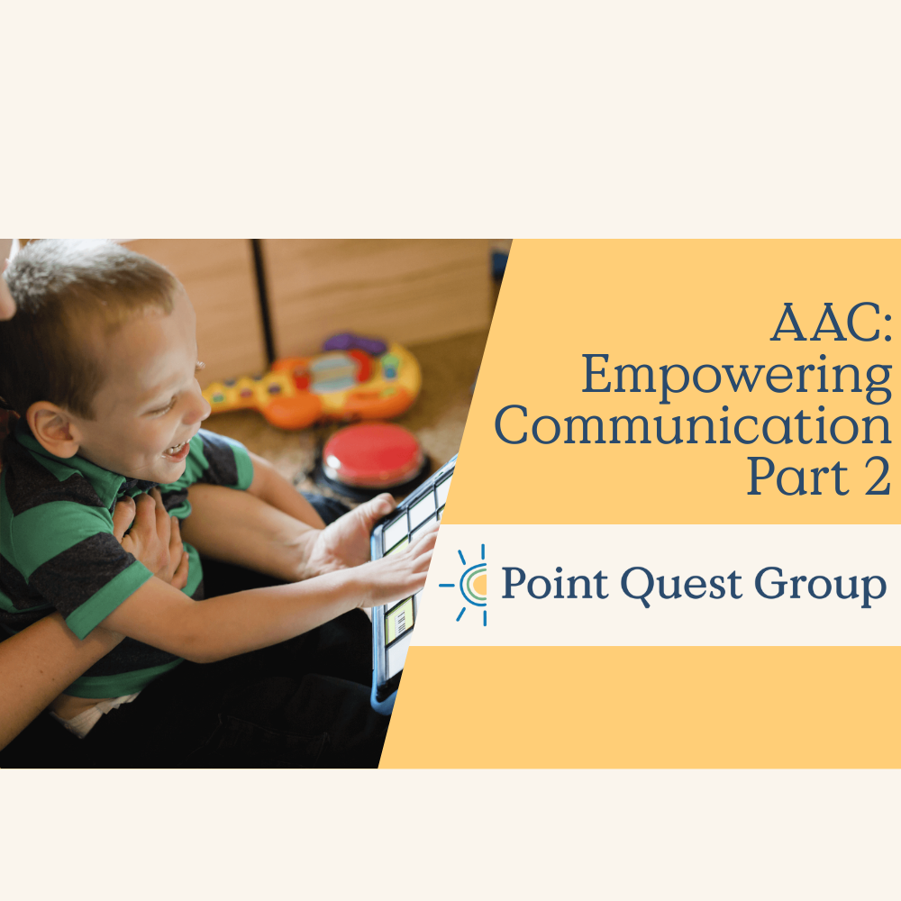 A young boy smiling and interacting with a tablet device, with parents or caregivers helping him, in a playroom setting with toys in the background.