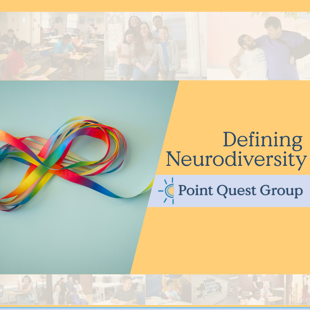 Colorful intertwined ribbons on a light blue background with text 'Defining Neurodiversity' and 'Point Quest Group' logo, with blurred group photos at the top and bottom.