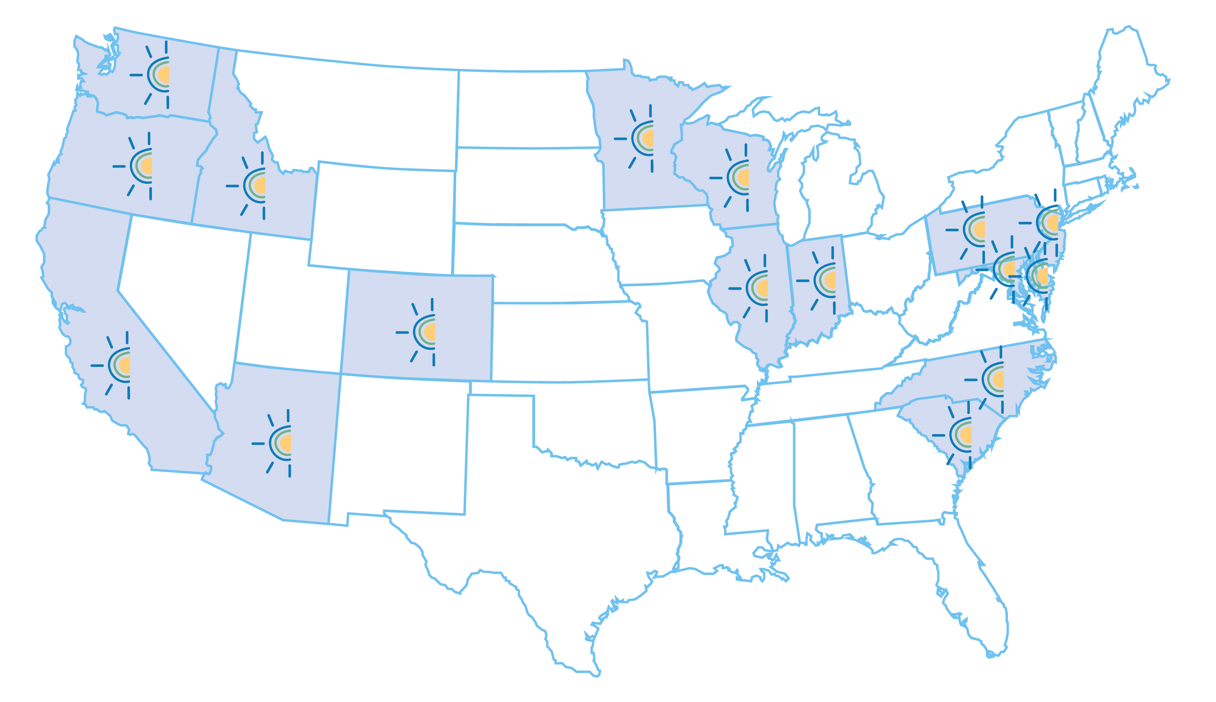 United States map with weather icons showing partly sunny conditions in various states.