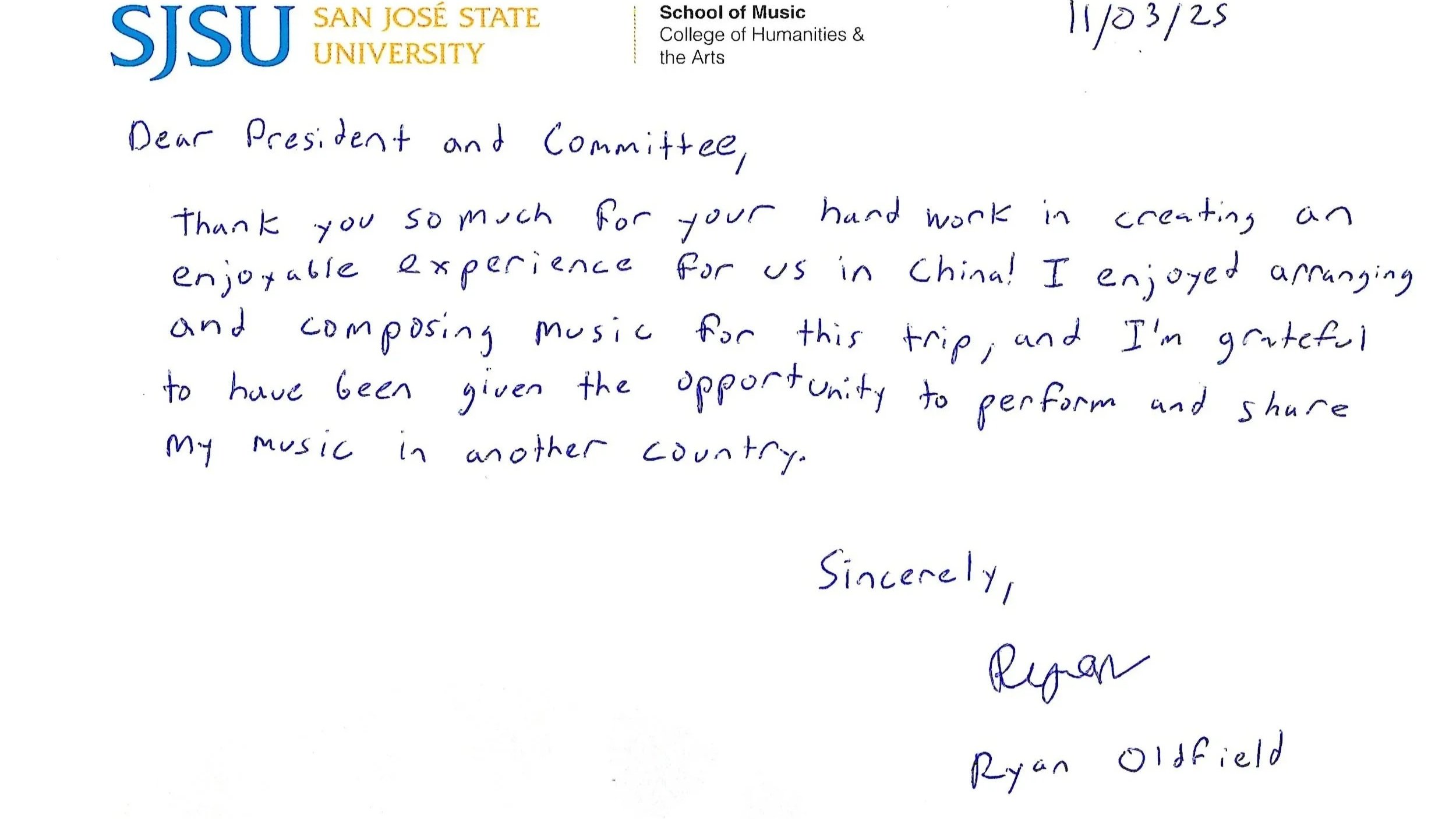 Handwritten letter on SJSU letterhead dated 11/03/25, thanking the recipient for creating an enjoyable experience in China, signed by Ryan Oldfield.