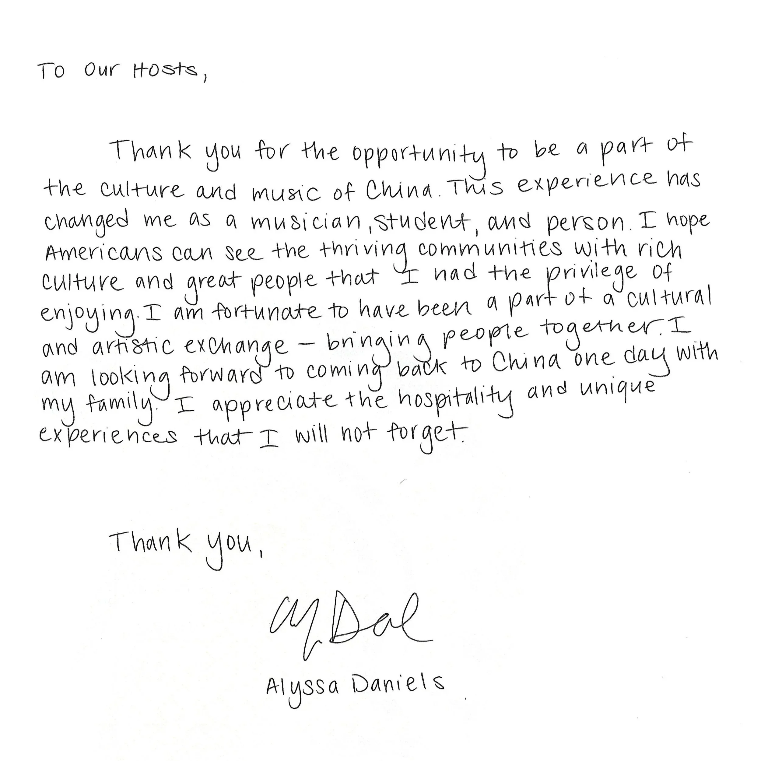 A handwritten thank you letter on letterhead from San José State University School of Music, dated 11/1/2023, expressing gratitude for a cultural exchange experience in China, signed by Alyssa Daniels.