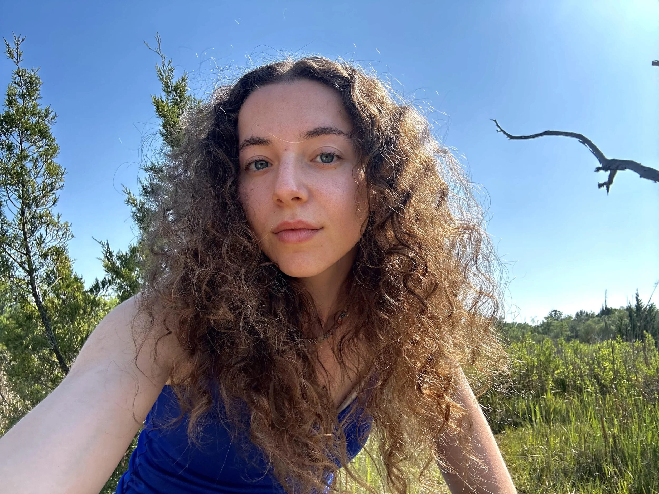 Portrait of a person in a blue shirt with shoulder length curling hair with a blue sky a natural setting behind.