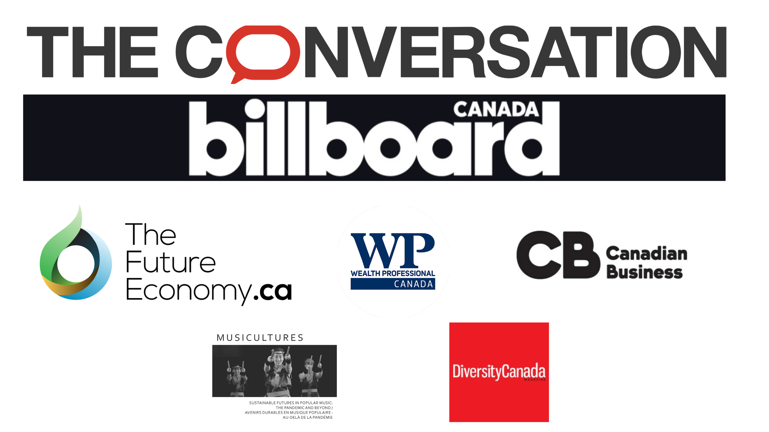 Logos of various Canadian organizations and publications, including The Future Economy, Wealth Professional Canada, Canadian Business, Diversity Canada Magazine, and a music culture group, with a headline for The Conversation Canada and Billboard Canada.