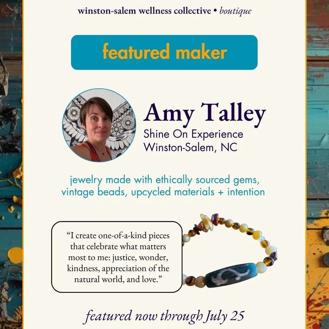 Meet our newest featured maker.  Amy Talley of @shineonexperience creates one-of-a-kind jewelry from ethically sourced gems, vintage beads, and upcycled materials &mdash; each piece made with intention, and rooted in what she calls "justice, won