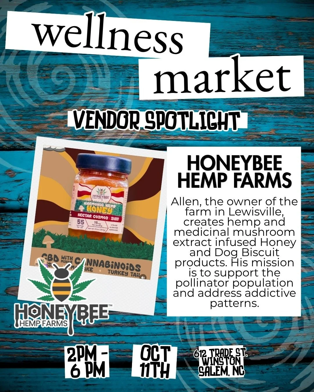 Meet Allen, of Honeybee Hemp Farms @honeybeehempfarms , who creates hemp and medicinal mushroom extract infused Honey and Dog Biscuit products, while supporting the pollinator population, addressing addictive patterns, practicing regenerative farming