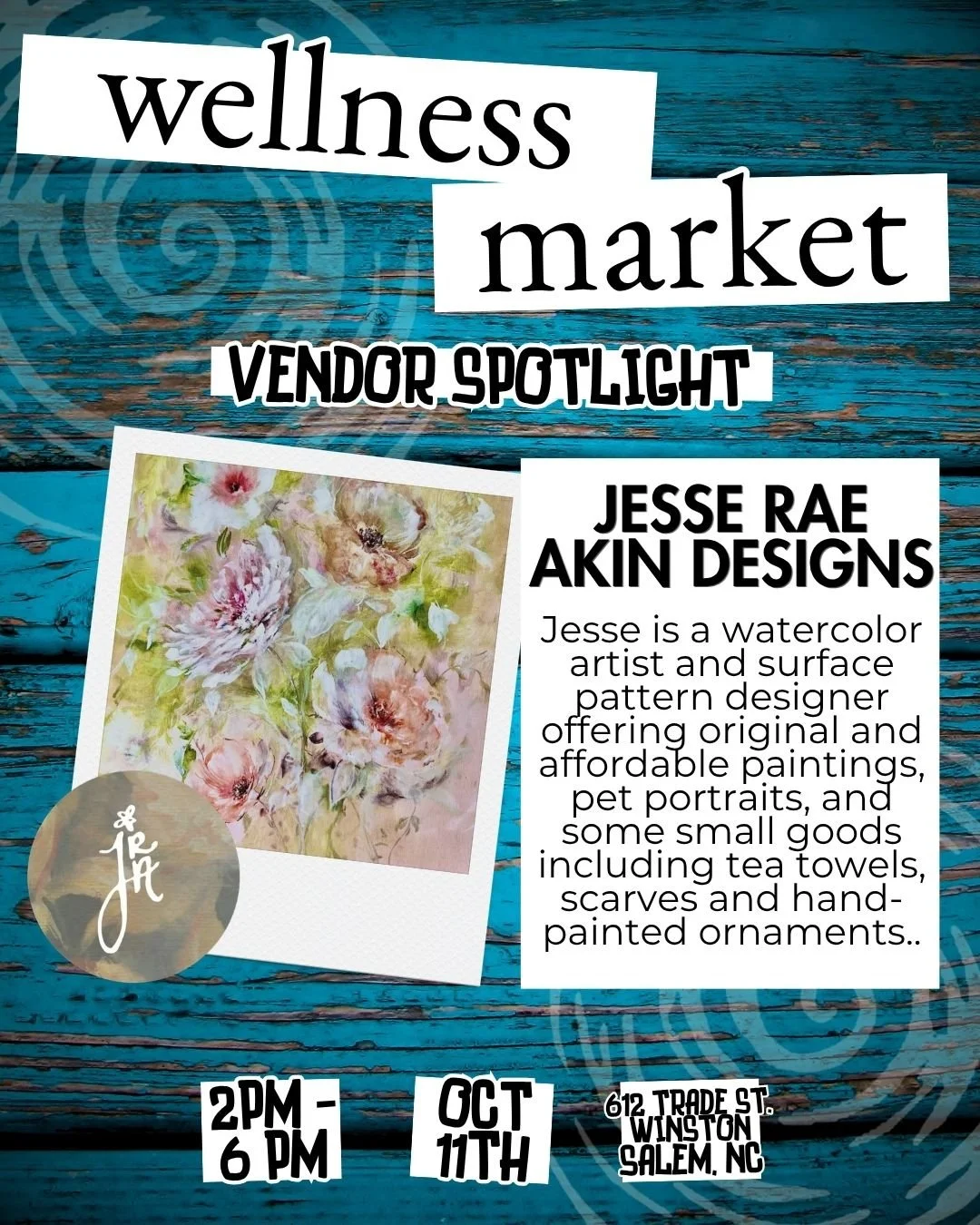 Meet Jesse, of Jesse Rae Akin Designs @jesseraeakin , who is  a watercolor artist and surface pattern designer, offering original paintings, pet portraits, tea towels, scarves, and hand-painted ornaments.

Visit Jesse and all of our incredible vendor