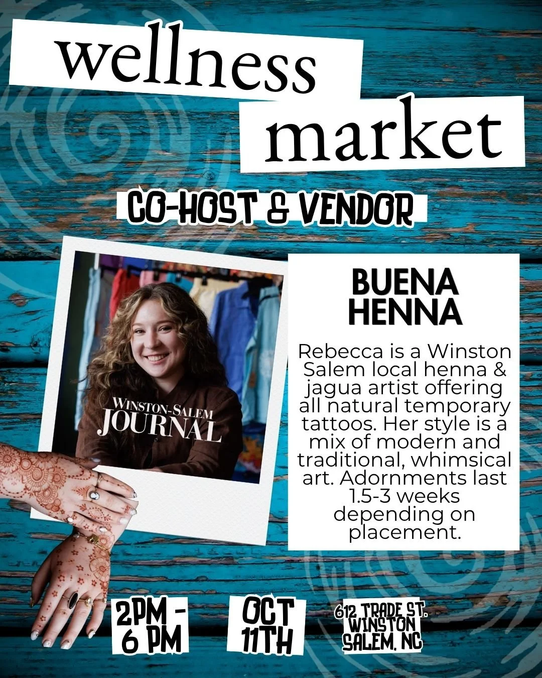 Meet Rebecca, of BuenaHenna @buenahenna , and ultimate cohost of this wellness market! She is a henna and jagua artist offering all-natural temporary tattoos. Her style is a mix of modern and traditional, whimsical art, and your adornment lasts up to