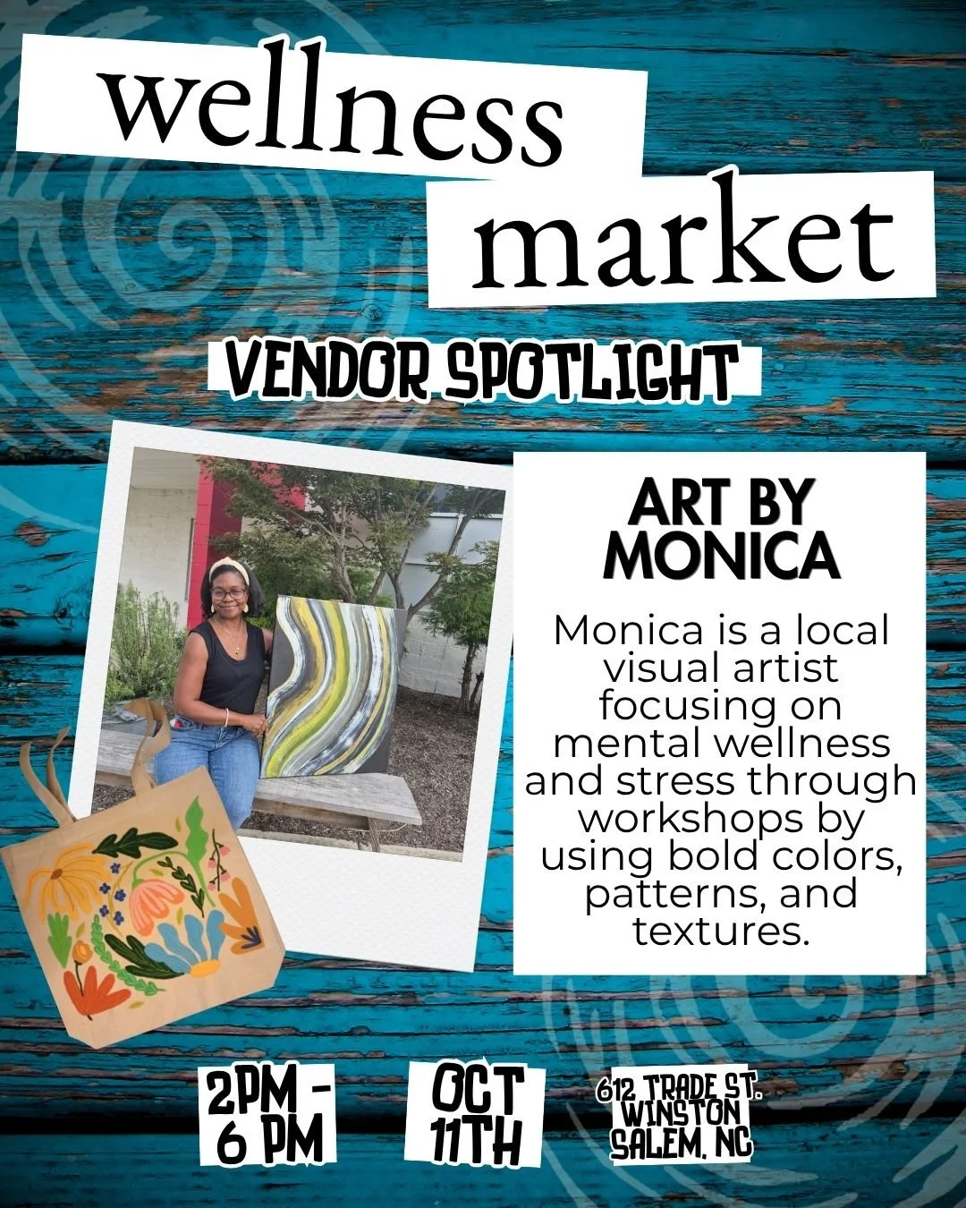 Meet Monica, of Art by Monica @monica.douglas82 , a local visual artist focusing on mental wellness and stress, using bold colors, patterns and textures.

Visit Monica and all of our incredible vendors at our Wellness Market on October 11, 2&ndash;6p