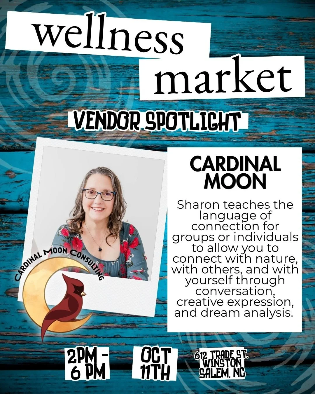 Meet Sharon, of Cardinal Moon Consulting @cardinalmoonconsulting , who teaches the language of connection to allow you to connect with nature, with others and with yourself through conversation, creative expression and dream analysis.

Visit Sharon a