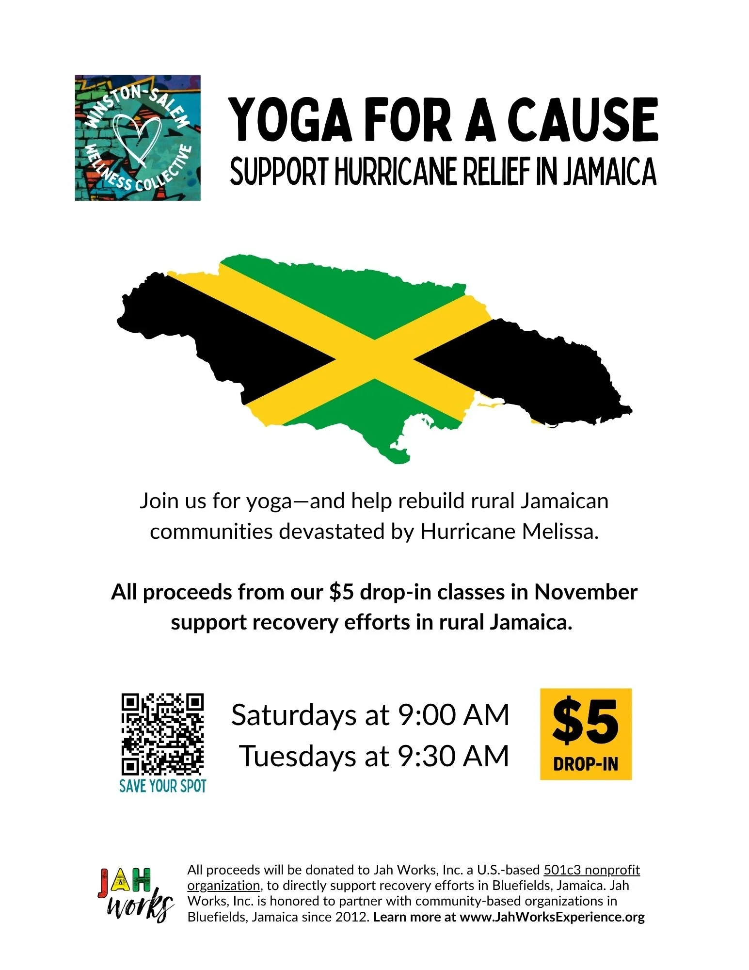 Flyer for yoga classes supporting hurricane relief in Jamaica, featuring Jamaican flag overlaid on a map, with class schedule, QR code, and donation details.