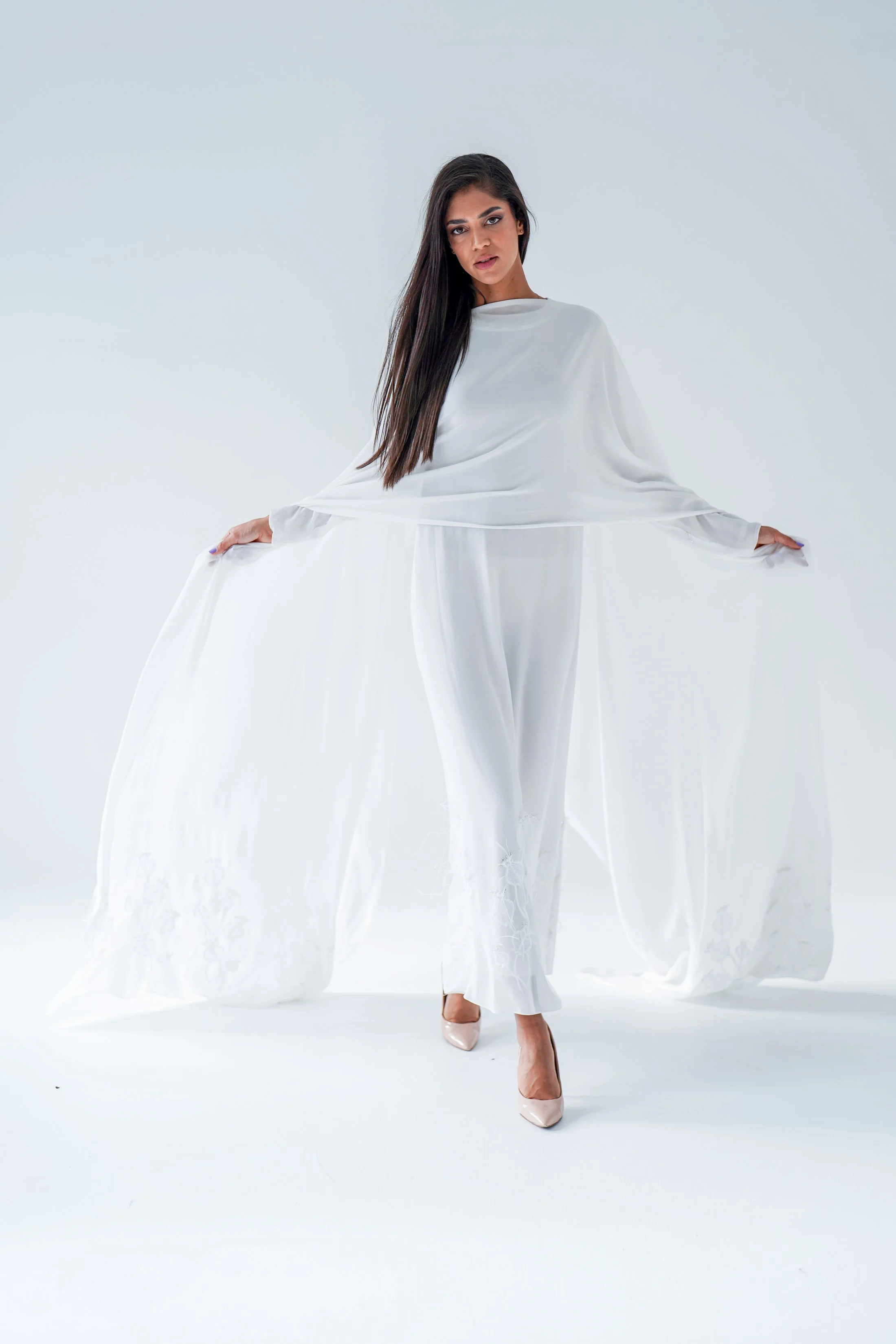 Silk Gown and Stoll Wrap with Silver Embroidery and Ostrich Feathers