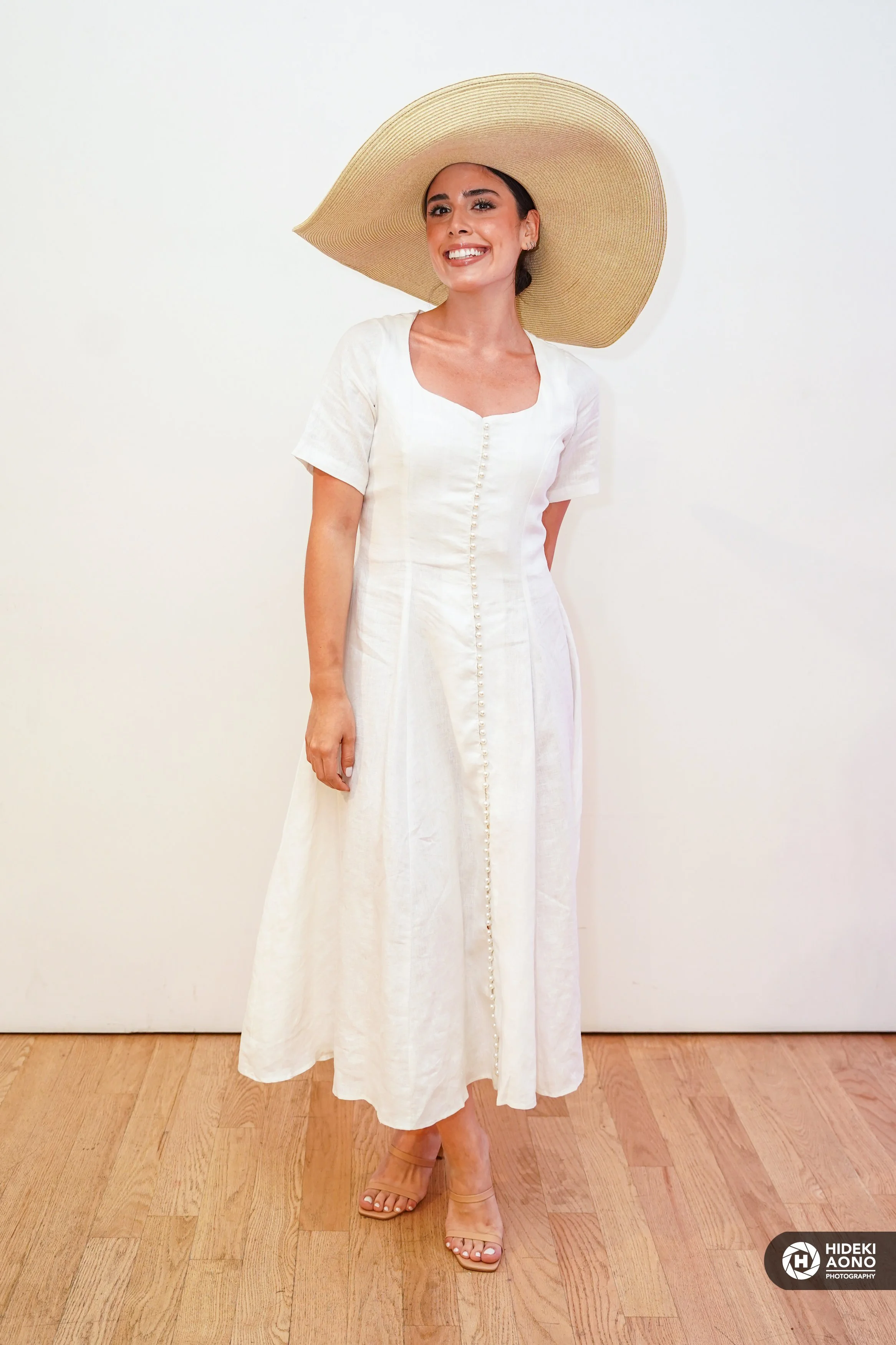 White Linen A-line Dress with Buttons