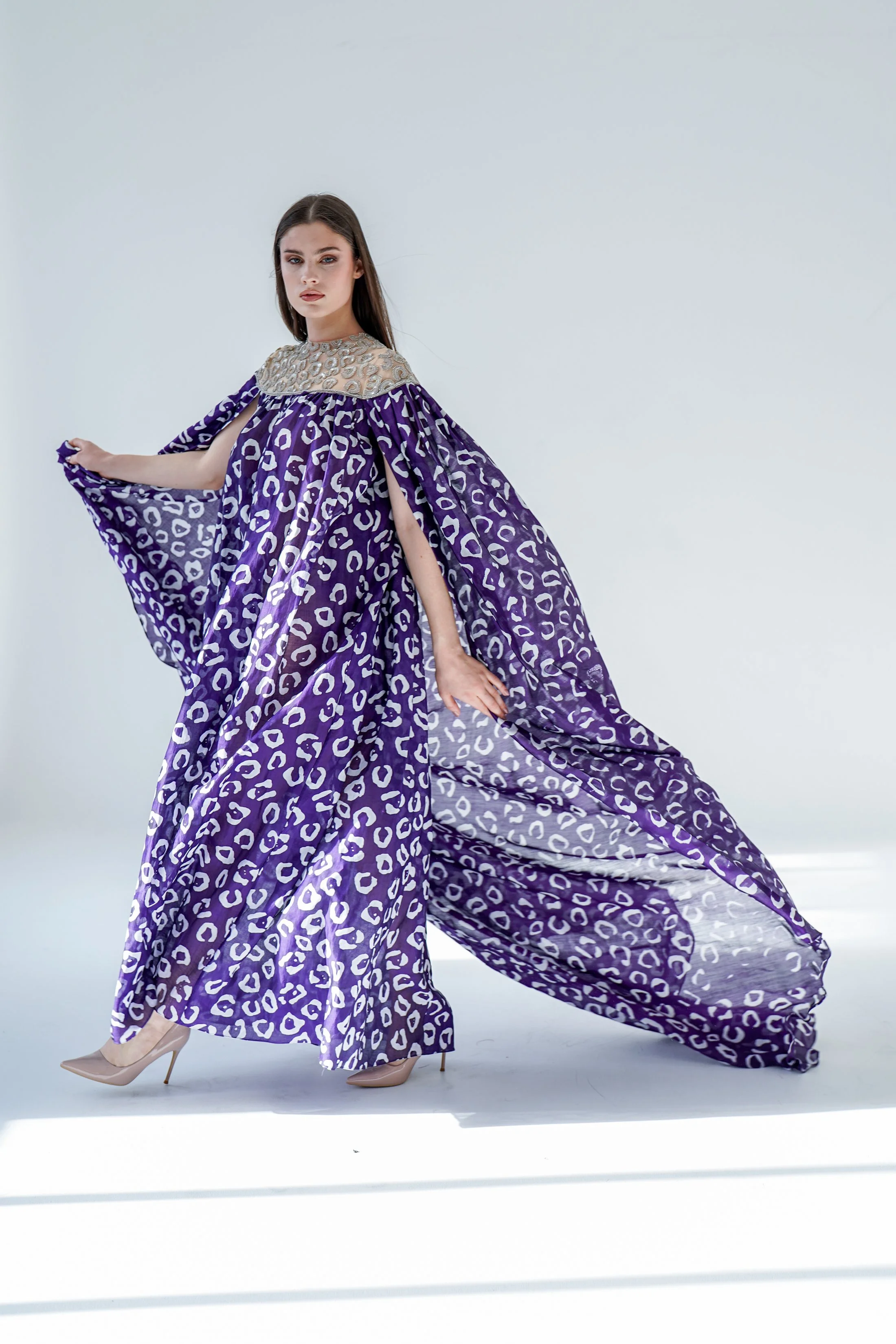 Sparkling Rhinestone Neckpiece with Purple Leopard Silk Gown Runway Exclusive