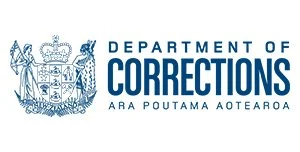 Department of Corrections logo featuring a crest with a crown and figures, with the text 'Department of Corrections ARA POUTAMA AOTEAROA'