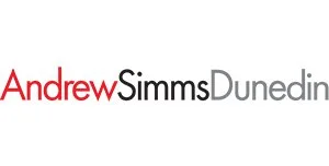 Text displaying the name 'Andrew Simms Dunedin' with 'Andrew' in red and the rest in black and gray