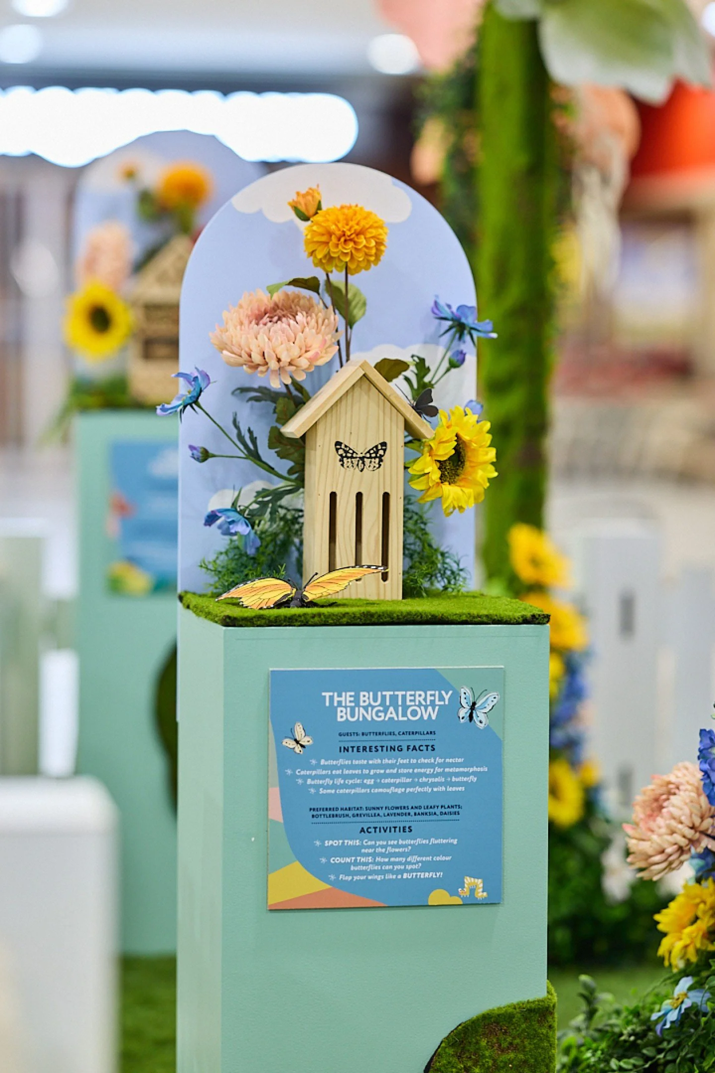 Details from the @lakeshoppingcentre Tiny Travellers Bug Hotel Activation, on for the school holidays!

Hand painted cloud backdrops, bug hotels on mossy plinths for the tiny guests and information and activities to help learn about all the insects i