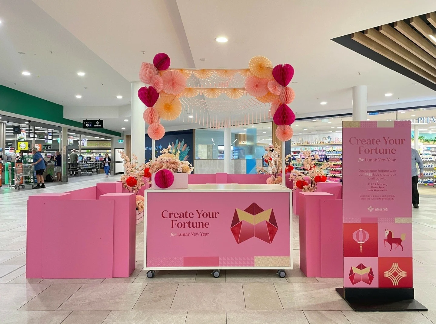 Lunar New Year @altoneparkshoppingcentre | One activation- two ways. The first with the cart at the front to facilitate their promotion during the week and the second ready for the weekends kids activities (with chairs added of course!)

Design, buil