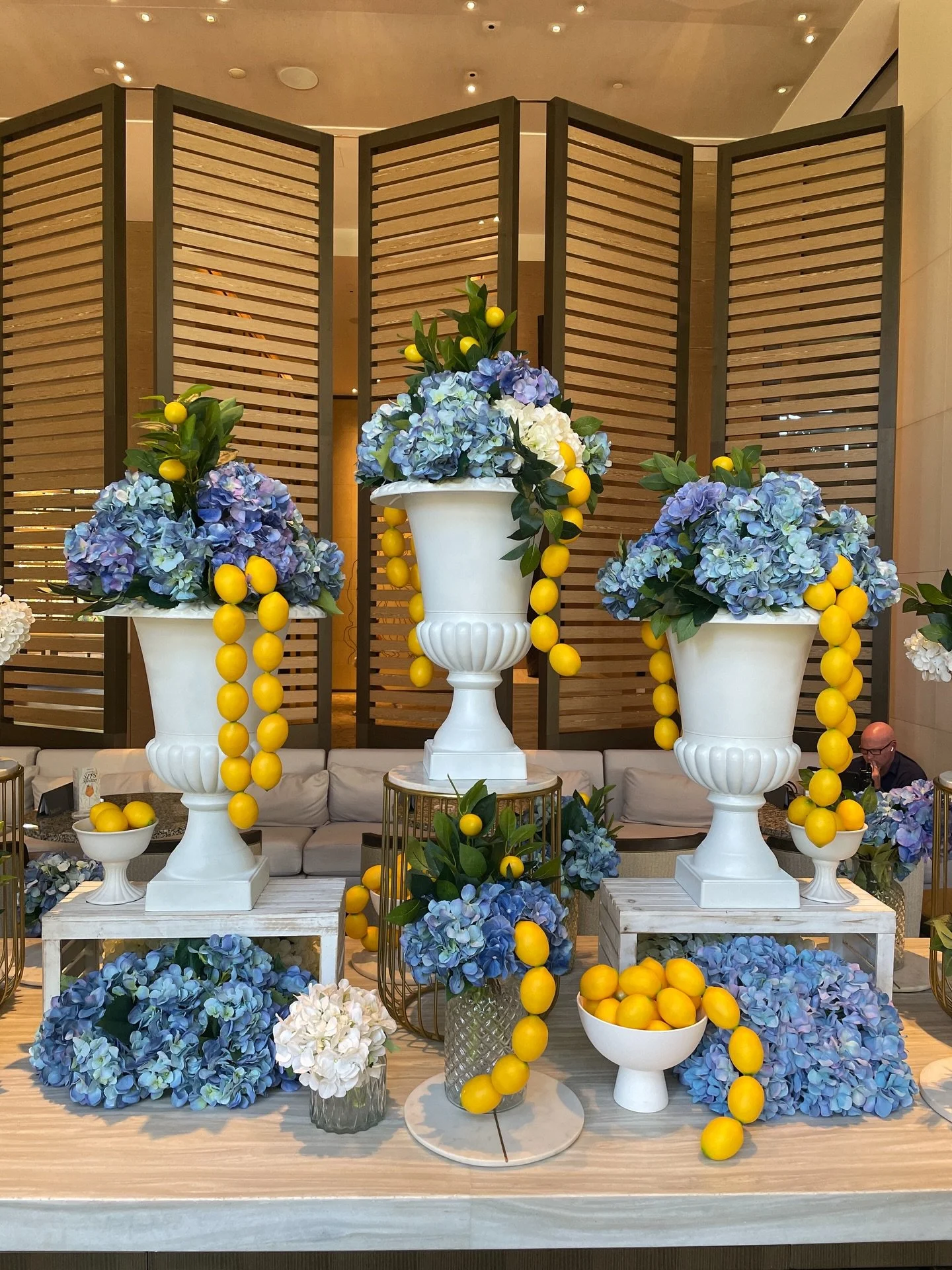 The Taste of Amalfi High Tea floral installation @westinperth is inspired by the Amalfi Coast, with an abundance of lemons, blue hydrangeas and urns! 🍋