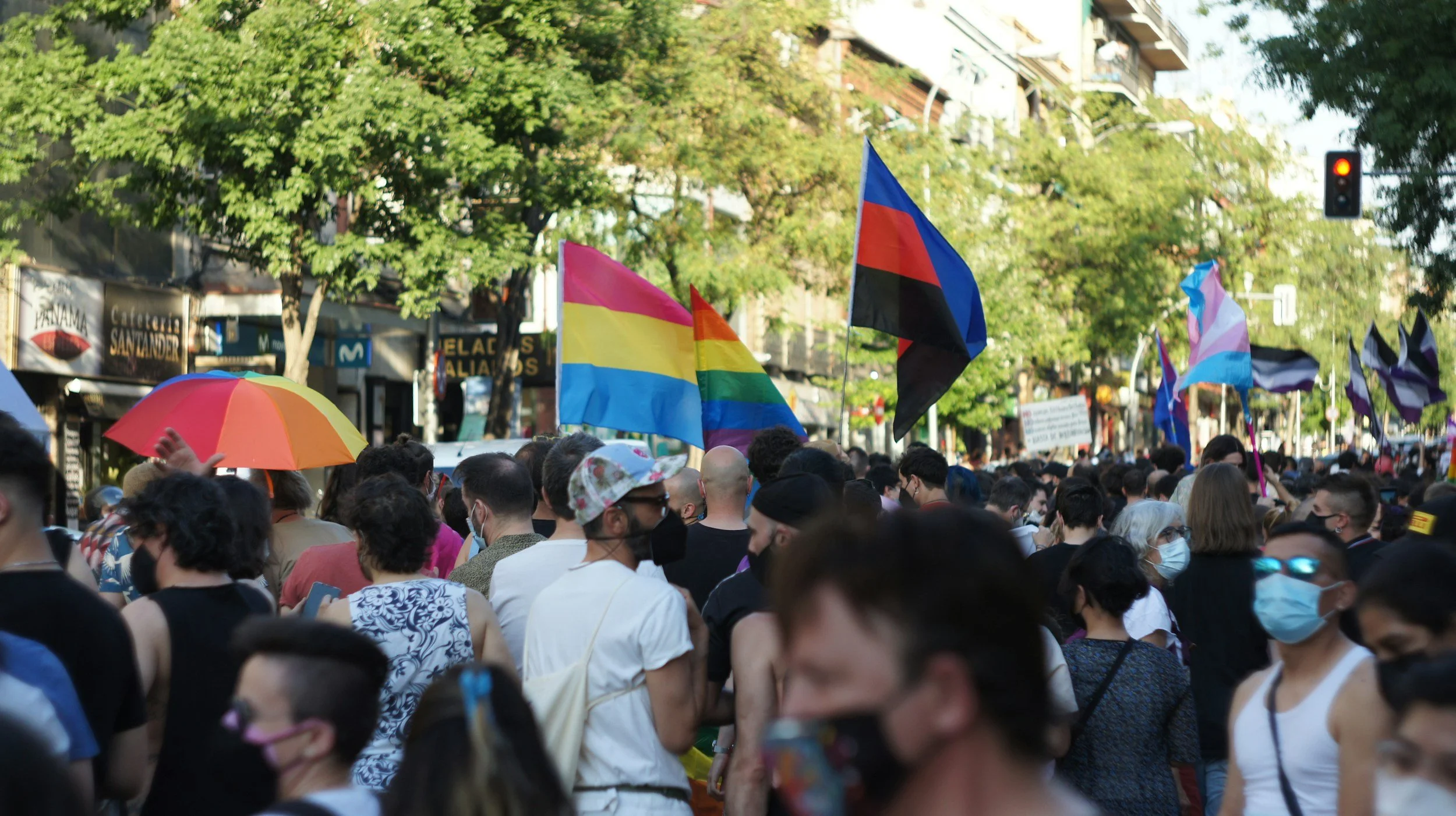 People gathered outdoors with rainbow flags.