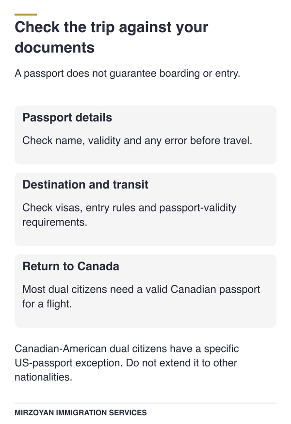 Checking travel documents after receiving a Canadian passport