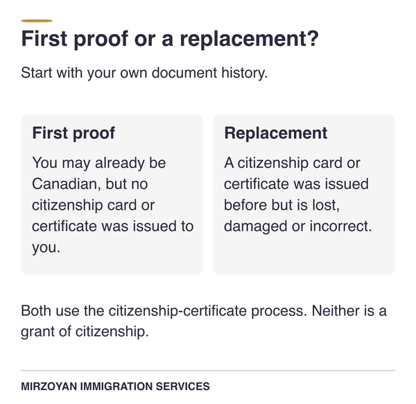 First citizenship certificate compared with replacement of previously issued proof.