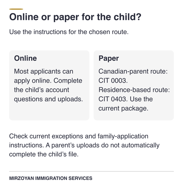 Online and paper Canadian citizenship application channels for minors.