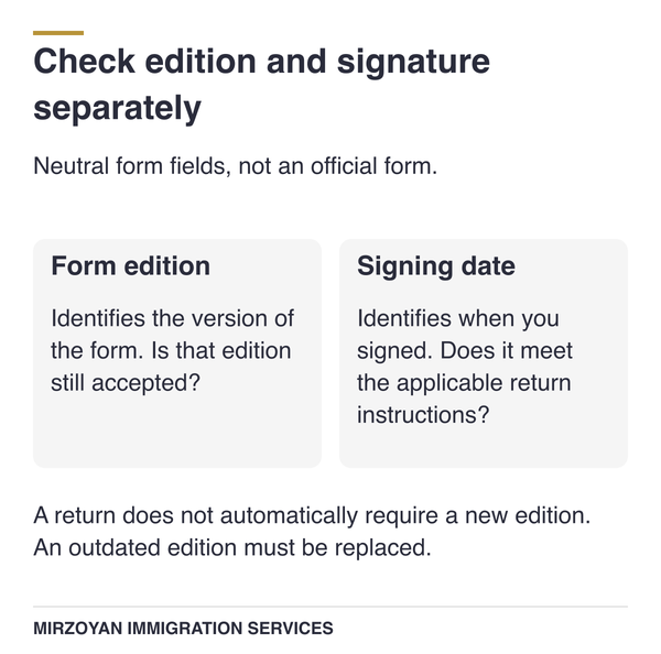 Returned Canadian citizenship application form edition compared with its signing date