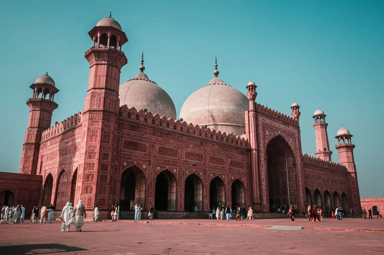 Badshahi Mosque in Lahore, Pakistan, seen across its courtyard.