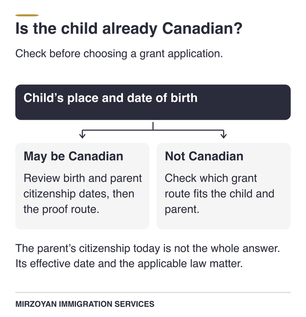 Canadian citizenship for minors status screen comparing proof and grant routes.