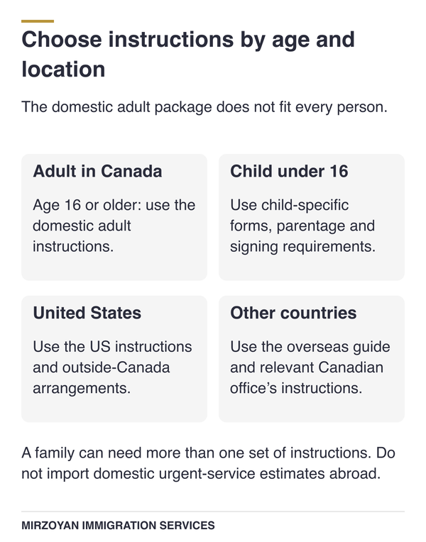 Choosing passport instructions by age and application location