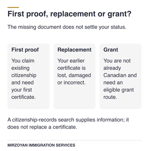 First citizenship certificate, replacement certificate and citizenship grant serve different purposes.