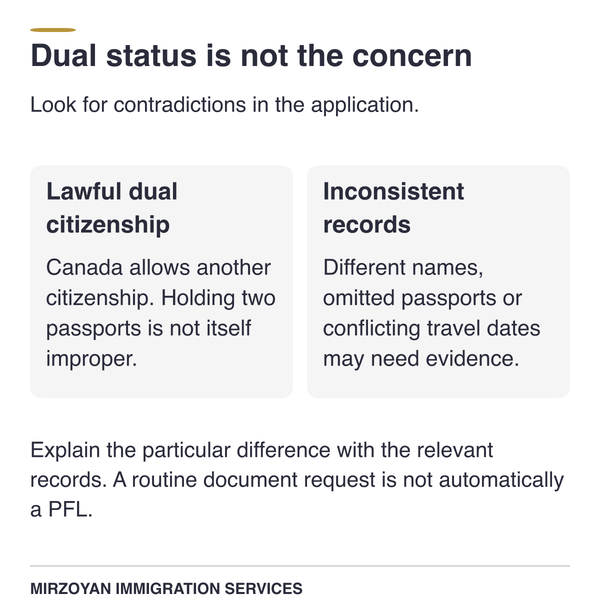 Dual citizenship compared with inconsistent IRCC records