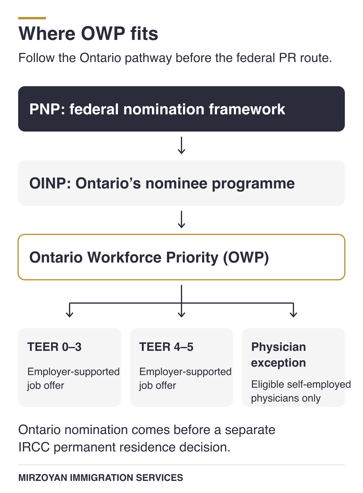 OINP programme map with two job-offer pathways and the self-employed physician exception
