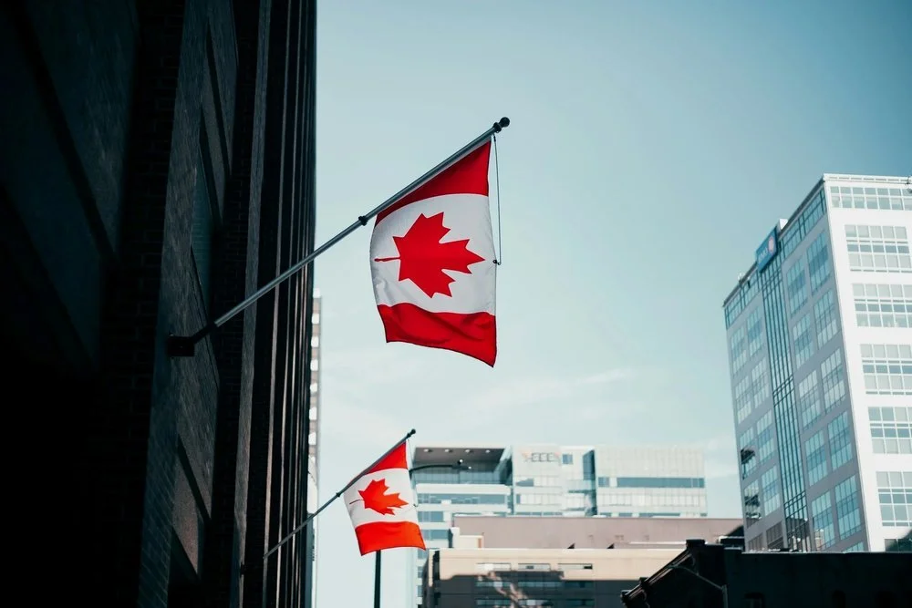 Canadian flags beside city office buildings.