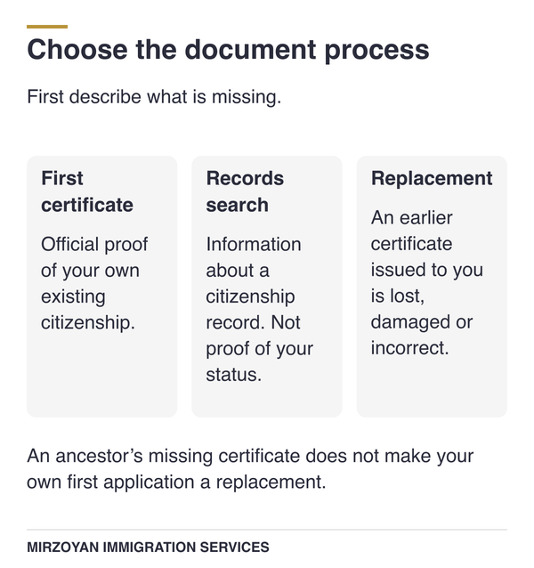 First citizenship certificate, records search and replacement purposes