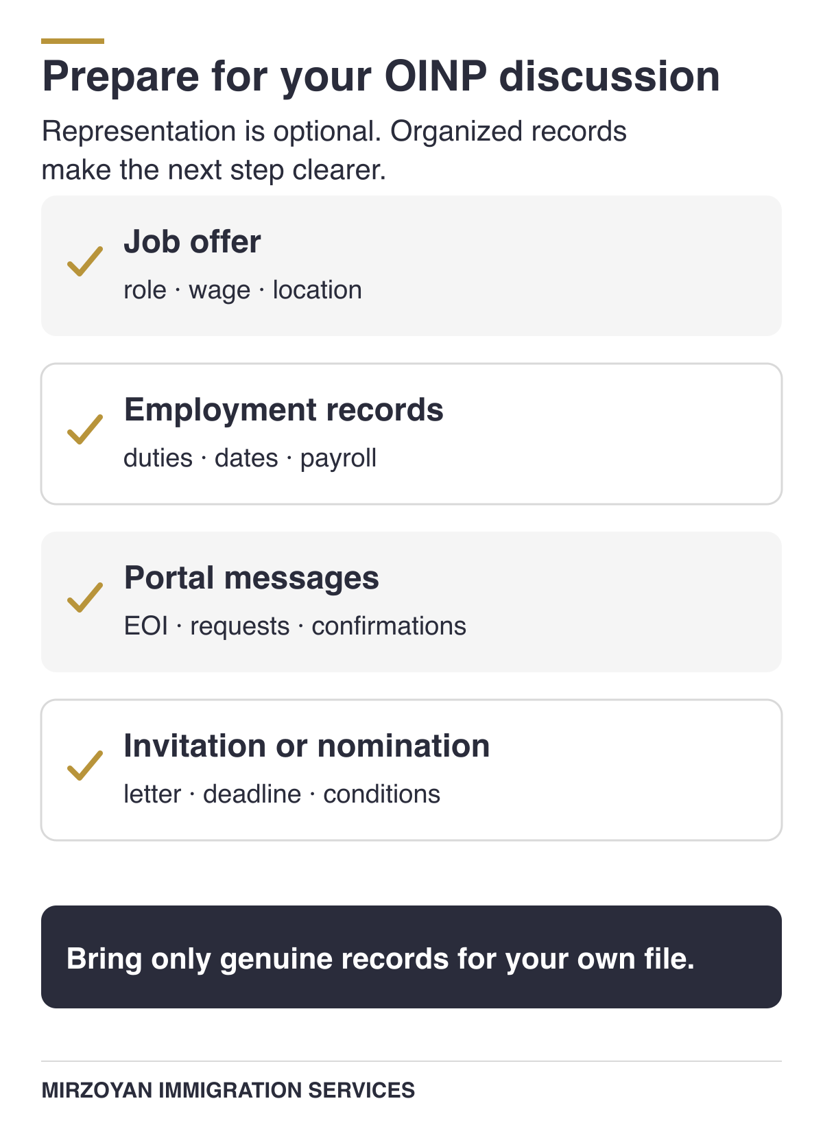 OINP consultation records include the job offer, employment evidence and relevant portal messages