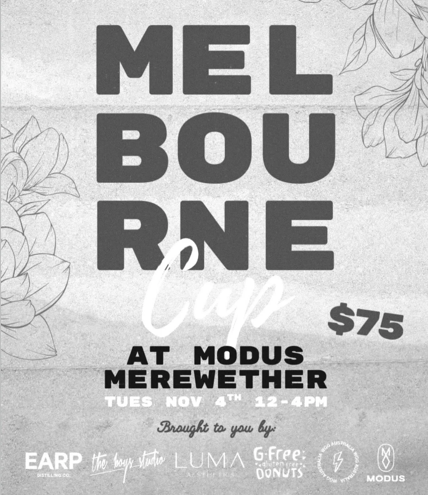 This year we’re celebrating Melbourne Cup at Modus Merewether and we want you to join us! 🐎 $5 from every ticket sold will be donated to WGG Australia. 
Prizes are being donated 👇🏽
Lucky Door & Fashions on the Field prizes 👗
Total