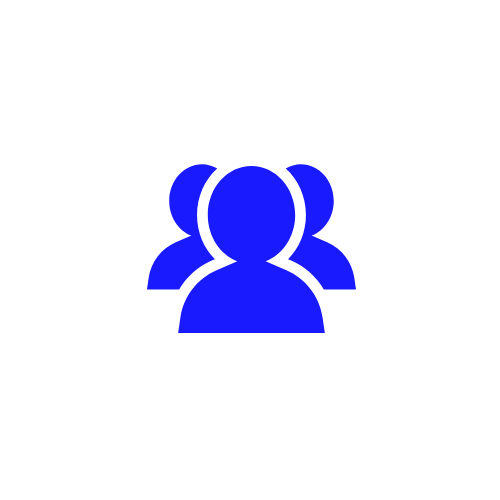 Blue group icon depicting three people on a white background.