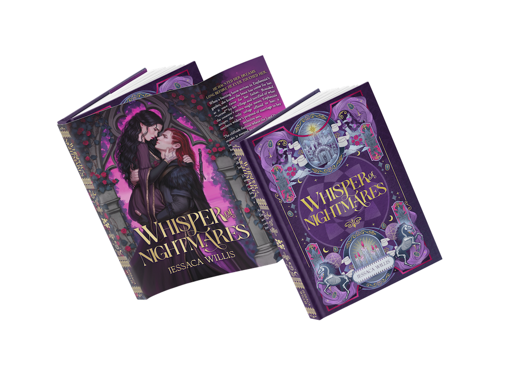 Two illustrated books titled "Whisper of Nightmares" by Jessaca Willis, showing a romantic scene on the cover with two women, one with long dark hair and the other with red hair, in a purple gothic setting.