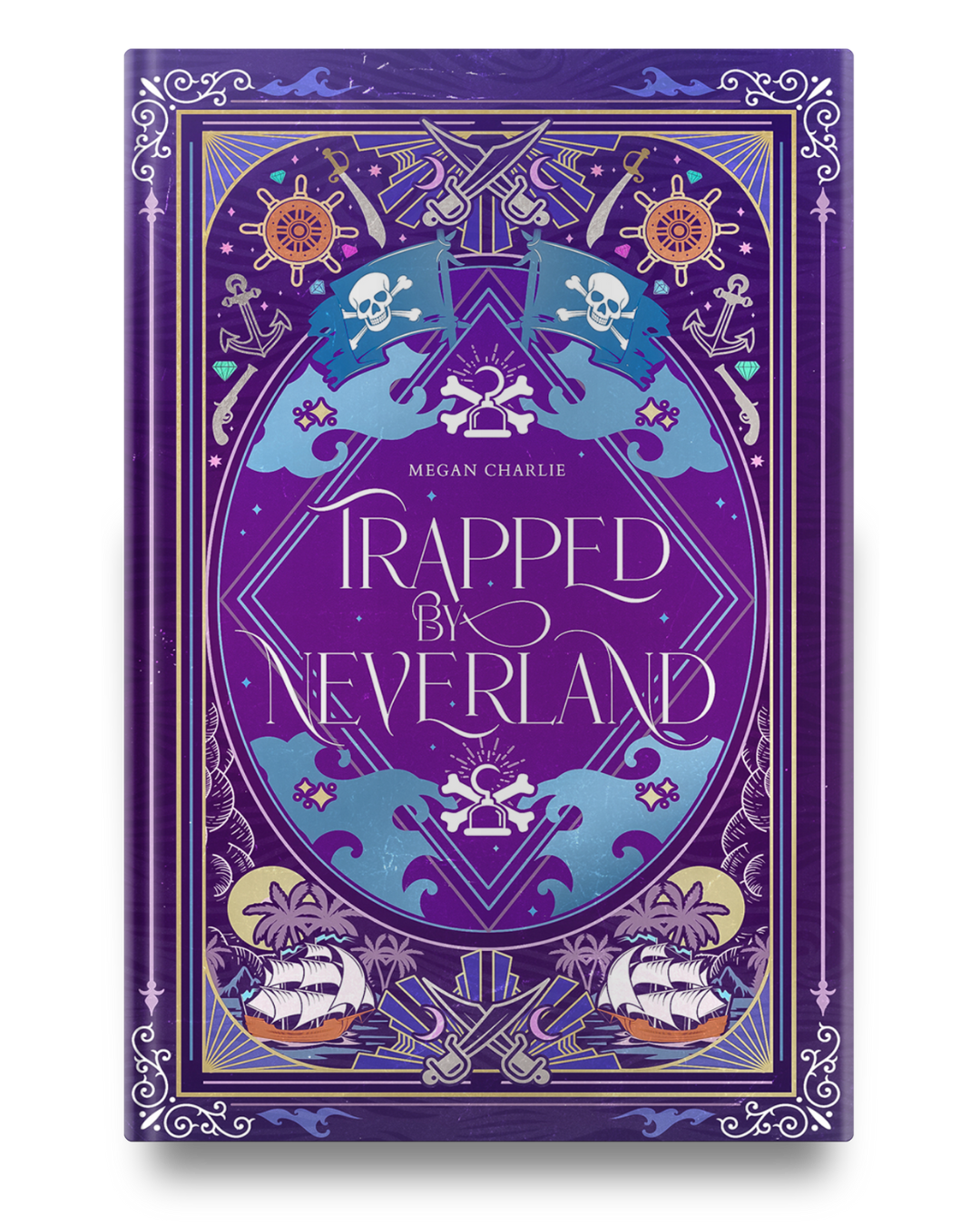 Book cover for 'Trapped by Neverland' by Megan Charlie, featuring a purple background with pirate-themed illustrations including ships, pirate flags with skulls, anchors, ship wheels, and crossed swords.