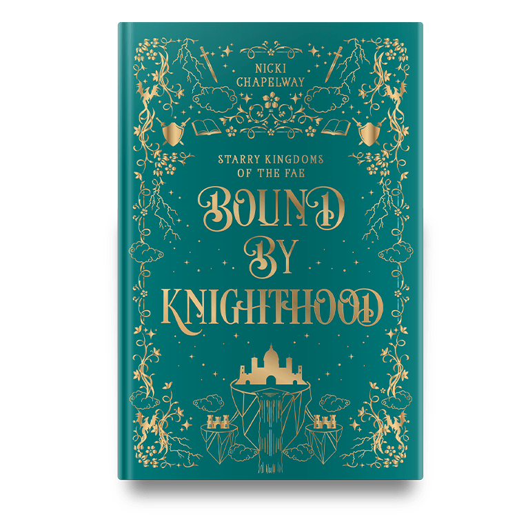 Book cover of "Bound by Knighthood" by Nicki Chapelway, featuring decorative gold illustrations of castles, clouds, and floral motifs on a teal background.