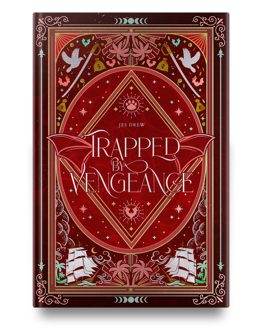 Book cover of 'Trapped by Vengeance' by Jes Drew, featuring a red and gold design with bat wings, two sailing ships, and stars. The cover includes doves, swords, and floral patterns.