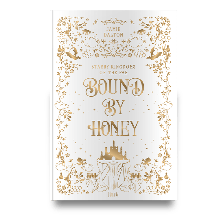 Book cover of 'Bound by Honey' by Jamie Dalton, featuring gold floral and castle illustrations on a white background.