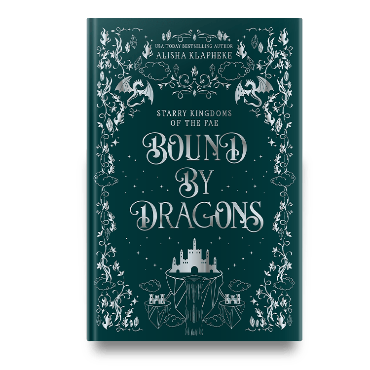 Book cover of 'Bound by Dragons' by Alisha Klapheke featuring decorative dragon illustrations and a castle.