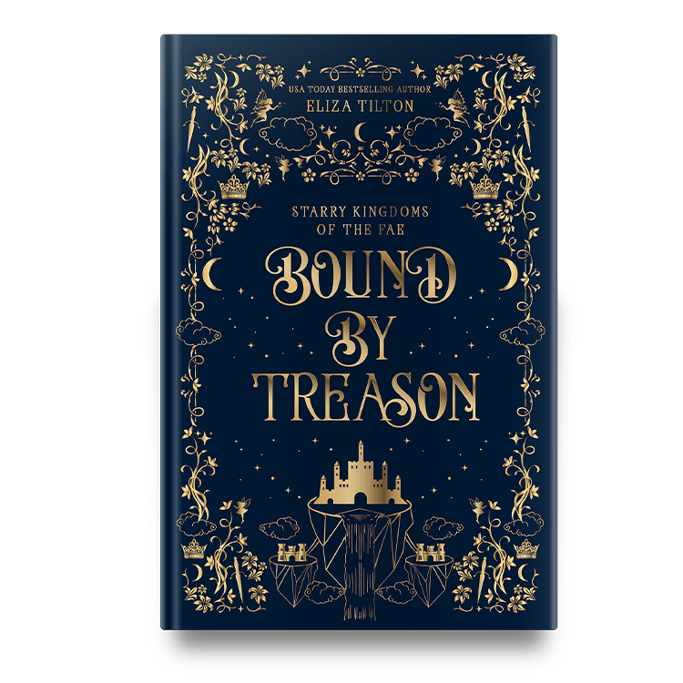 Book cover of 'Bound by Treason' by Eliza Tilton, featuring ornate gold floral and celestial designs on a blue background.