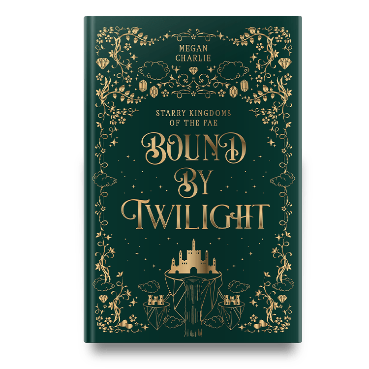 Book cover of "Bound by Twilight" by Megan Charlie, featuring ornate golden designs and a mystical castle illustration on a dark green background.