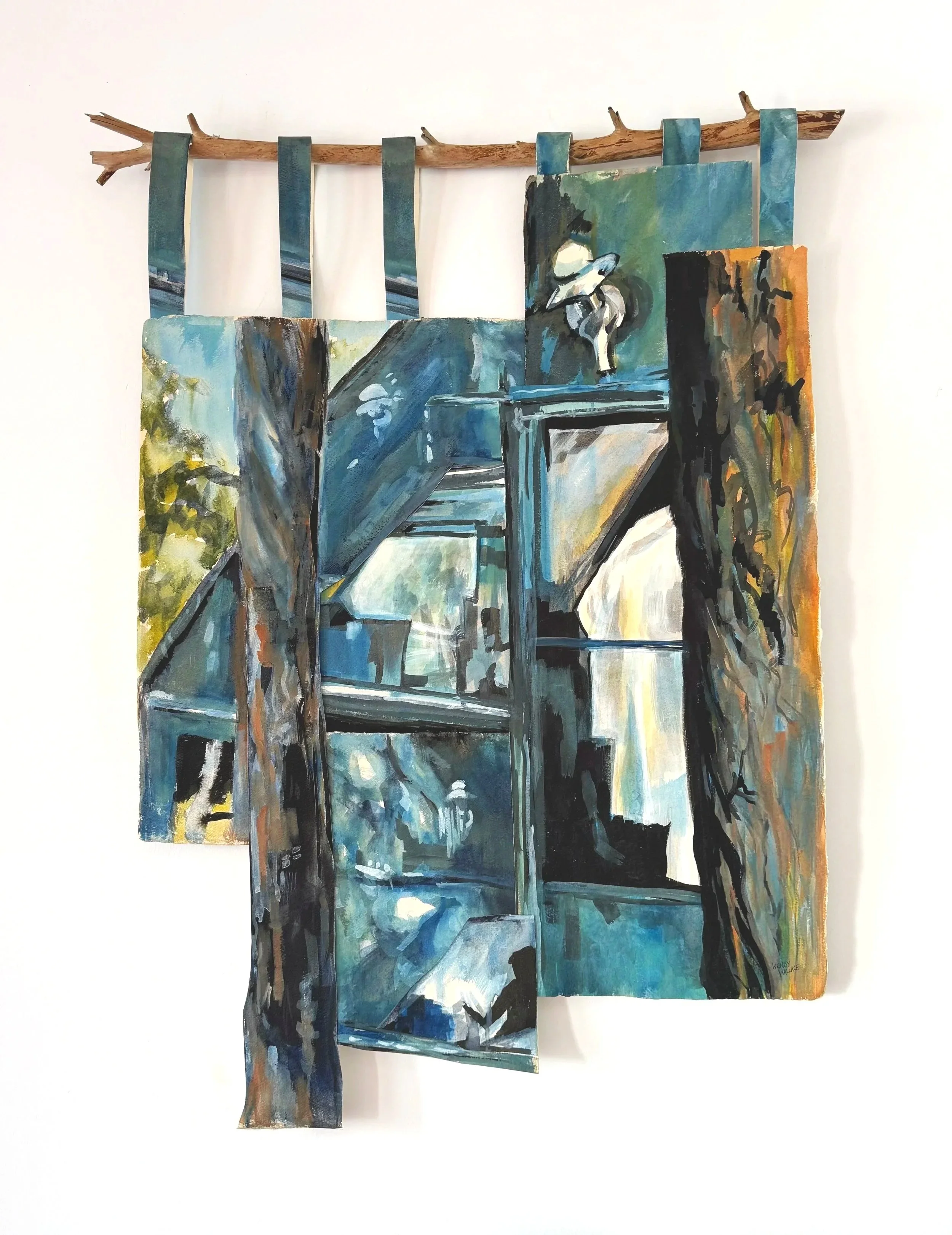 Muskoka Mornings, 2025
Watercolour, gouache and ink on 100% handmade rag paper with branch.
33 x 43 inches
$750