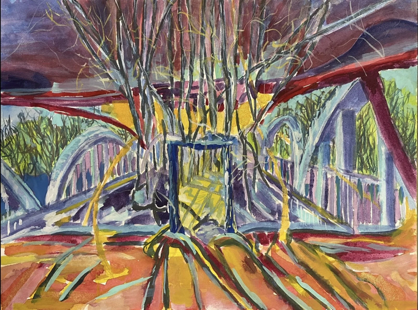 Bridge Portal, 2024
Watercolour and gouache on Arches hot press 140lb paper.
21 x 18 inches
$300 Framed/Matte/White