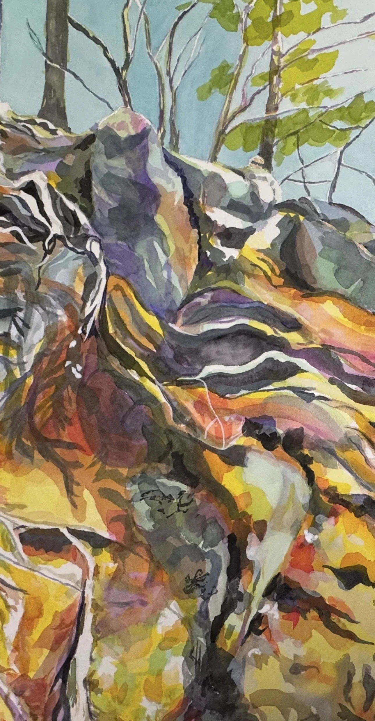 Detail- This painting is a compacted composition of the bend in the Muskoka River just south of the Brunel Locks and Goodwin Park in Huntsville. this painting speaks to the manipulation of water flow and the unnatural exposure at the river's edges. B